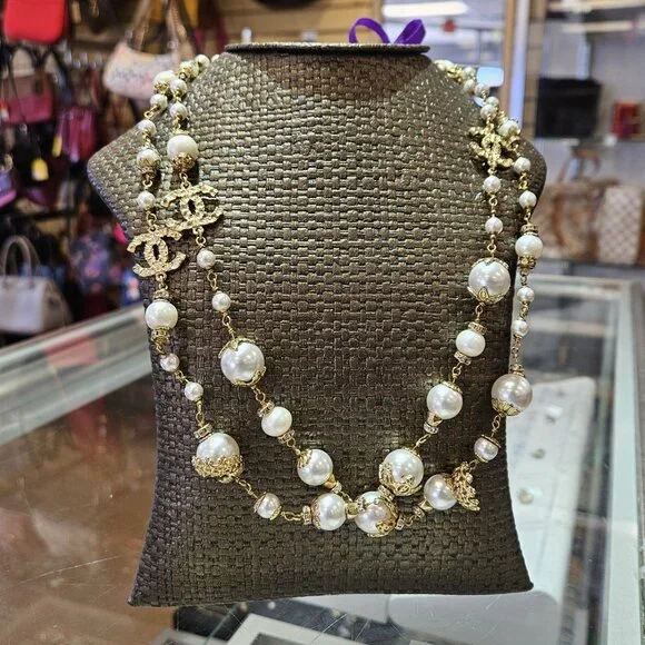 CHANEL | Jewelry | Chanel Cc Logo Pearl Gold Toned Necklace